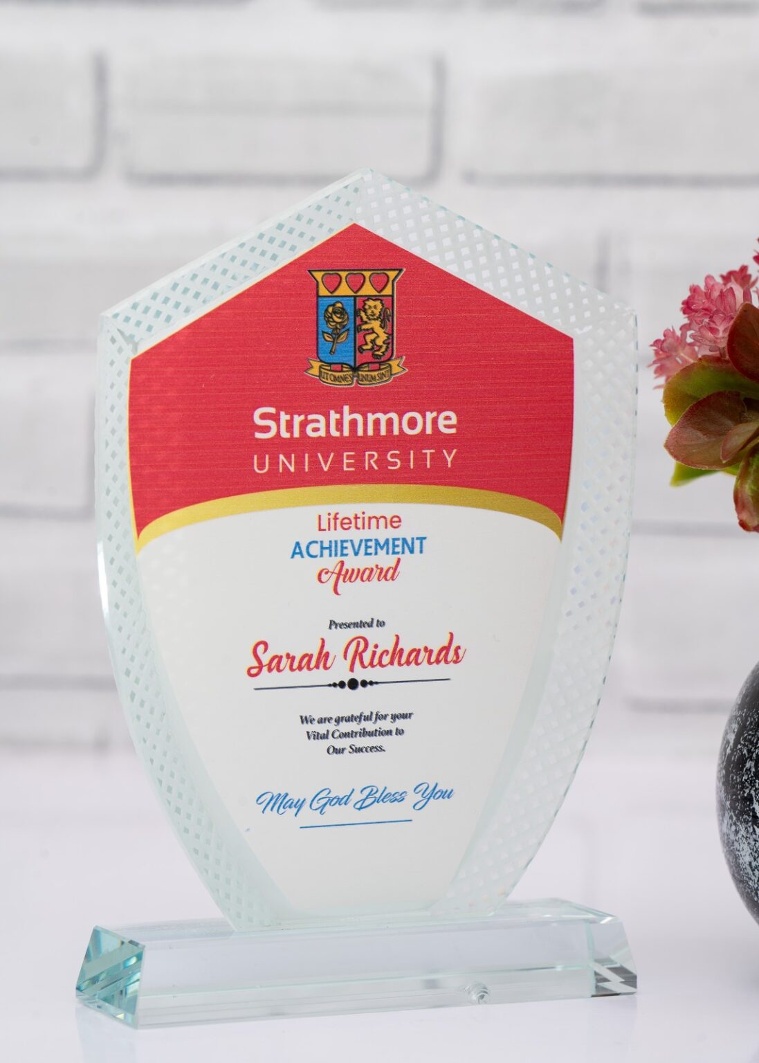 Shield shaped crystal award with custom engraving